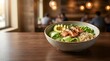 © Mahin - Fresh salmon poke bowl with avocado and rice, healthy restaurant meal on wooden table