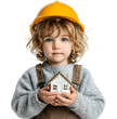 © Selvam - Choice of profession. Little kid in hard hat with house model pretending to be engineer on white background