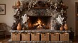 © Beniamin - Stone fireplace decorated for Halloween with a warm fire, hanging ghosts, skeletons, pumpkins, and woven baskets underneath