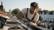 © AnastasiiaRozhmanova - Gutter cleaning contractor assembling blockchain job verification components step by step on a busy urban rooftop, a fan vent humming at the parapet edge, crowd of neighbouring