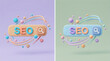 © Khadiza - 3d render of seo text with search icon and floating abstract shapes in pastel colors, creative digital marketing concept for website optimization
