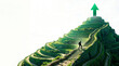 © PhotoArtHub - Terraced green hill with a person climbing stairs towards a glowing green upward arrow, symbolizing ambition and success