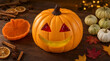 © ANDERLIO ART - Pastel o Postre en Forma de Calabaza Tallada de Halloween con Molde y Especias en Mesa de Madera / Halloween Carved Pumpkin Shaped Cake or Dessert with Mold and Spices on Wooden Table