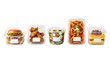 © M4 - Takeout food packaging containers with meal options, fast food delivery service meals, plastic container set for takeaway orders isolated PNG with Transparent Background