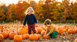 © PhotoArtHub - Two children explore a pumpkin patch with vibrant autumn foliage, representing harvest, fall season, and family fun