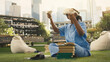 © DC Studio - Medical student adjusts a virtual reality headset during an outdoor learning session, using VR technology for medical education and immersive training while wearing blue scrubs on a modern campus.
