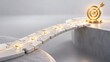 © MAMA Studio - Golden target with arrow at the end of a puzzle piece bridge connecting two concrete cliffs symbolizing business strategy and goal achievement
