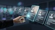 © CuteBee - Person hand touching digital profile cards floating in air representing applicant tracking system and human resources recruitment process in a modern high tech digital environment