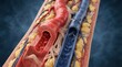 © blu - Close-up view of an artery and vein with blood cells inside, surrounded by tissue