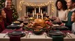 © CREATIVE KNIT DESIGN - Happy family enjoying traditional thanksgiving dinner with roasted turkey wine candles and fireplace