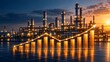 © abdul studio - Financial growth chart overlaid on an industrial oil refinery background during sunset showing energy sector investment and economic production
