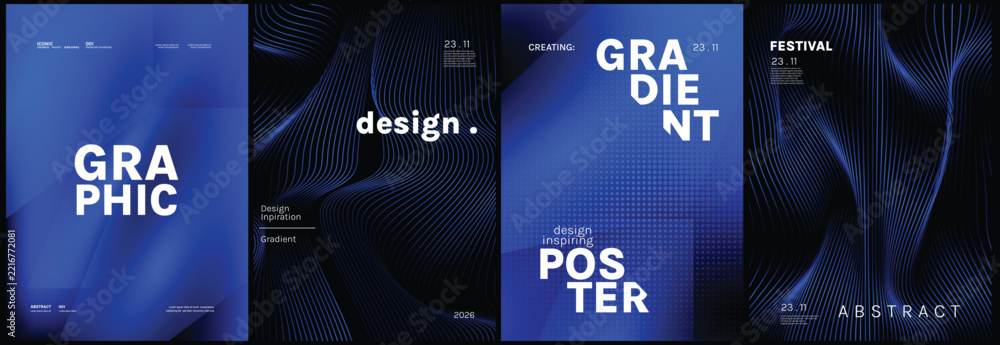 Modern Blue Gradient Poster Collection Vector with Abstract Waves, Grid ...
