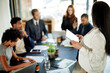 © peopleimages.com - Speaker, presentation and tablet with business woman in office for stakeholder, project proposal and planning. Teamwork, research and collaboration with employees in agency for profit report