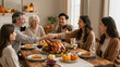 © DruZhi Art - Thanksgiving Family Gathering - Multigenerational Relatives Sharing a Festive Meal with Handshakes for Family Holding Hands Before Meal and Thanksgiving-themed Content