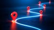 © Ridwan_DigitalGrid - Glowing blue digital path with red map pins on dark background representing gps navigation route tracking and business roadmap concept