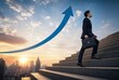 © Sync - businessman with briefcase climbing up stone stairs under rising blue arrow over sunset city skyline career growth concept