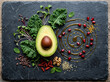 © CANDRA - Fresh avocado half with kale leaves and superfood toppings on a dark stone board.