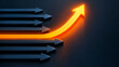© aura - A glowing orange arrow curves upward, standing out distinctly from a background of parallel dark blue arrows pointing forward.