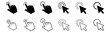 © AAK Designs - Cursor and hand click icon set. Pointer arrow and finger tap symbols with click effects in solid and outline styles for website, button, link, interface, UI, app and tutorial design.