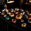 © Viktor - Assorted colorful gemstones lie on black velvet cloth. Various large diamonds, amber crystals, emerald stones sparkle under warm desk lamp light. Luxury jewelry minerals, precious gems create bright