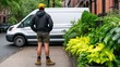 © Brera Design - A man in outdoor attire stands on a city sidewalk, facing a white van, with green plants and brick buildings lining the street.