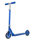 Vibrant blue kick scooter with black wheels and silver handlebars stands upright on a clean white background