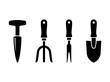 © Akagami - A minimalist set of black garden hand tools icons featuring a trowel, cultivator, and fork for agricultural landscaping work