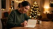 © Kleber - Woman writing Christmas card by decorated tree and warm lights, cozy holiday season atmosphere