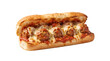 © usama - Italian meatball sub sandwich with melted mozzarella cheese and marinara sauce, toasted meatball hoagie on white background, hearty beef meatball baguette