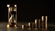 © 69 - Vintage hourglass with black sand beside ascending stacks of gold coin on dark surface symbolizing time value and financial growth concept