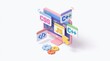 © KITINUPONG - 3D Isometric Desktop Monitor with Programming Language Icons and Gears for Web Development