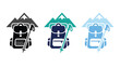 © Mahir - Set of hiking backpack icons with mountain peaks and trekking poles in different colors