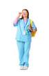 © Pixel-Shot - Medical education and student life, young nurse or medical student with stethoscope and backpack preparing for clinical rotation in hospital