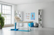 © Pixel-Shot - Physical therapy and rehabilitation clinic, massage table with exercise equipment in a bright medical office for wellness and recovery treatment