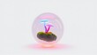 © antishock - Glowing sphere contains miniature landscape. Mushrooms grow upon small patch grass, illuminated softly. Dreamlike, ethereal scene.