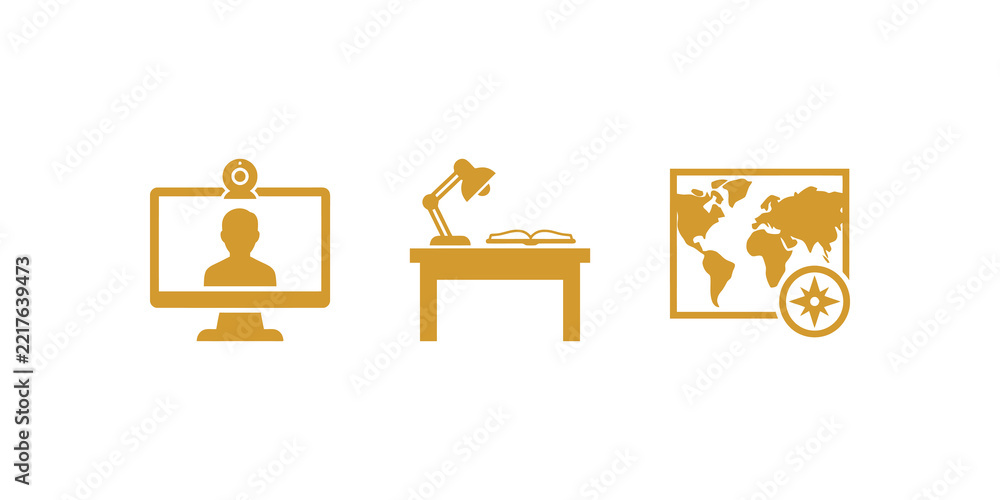 Elearning computer with webcam study desk and world map flat icons ...