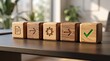 © AbuNafiisah - Business process workflow concept with wooden blocks showing document intake, automation, operational steps, and successful task completion