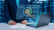 © NK - AI contract management and automated agreement workflow concept, businessman with contract document, laptop and AI chip for draft, negotiation, approval and signature