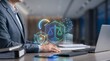 © Dian - AI governance framework featuring legal compliance and ethical control, corporate officer managing regulatory accountability and transparent algorithm decision making on laptop in modern office.