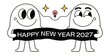 © RIPON - Two white round cartoon characters holding happy new year 2027 banner light backdrop.