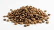 © AhmedR - A large pile of brown dry pet food kibble pellets with a hole in the center arranged on a clean white background, for animal nutrition