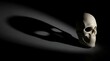 © Komang - Skull, shadow and dark background for mystery, horror and death concept. Dramatic lighting, anatomical head and bone structure with spooky atmosphere for Halloween, cinema and advertising layout