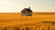 © Abderrahmane - Surreal small wooden house standing on tall thin stilts in golden wheat field at sunset, minimalist rural landscape with copy space
