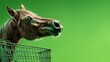 © Harry - Curious horse looking out from inside a metal shopping cart against a vibrant green studio background