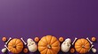 © Zuyel - Vibrant purple halloween background with pumpkins skulls and bones border for seasonal social media banners.