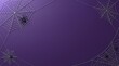 © Zuyel - Elegant spider web frame with black spiders crawling on delicate silver webs against dark purple background.