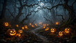 © Suta - Spooky Halloween night in a dark haunted forest with glowing jack-o-lantern pumpkins lining a winding path