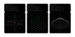 © KKK - abstract geometry poster set with orbital sphere, isometric cube grid and concentric radial lines, technical diagram graphics on black background, 3D line circle square structure layout graph minimal