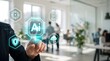 © New-Stock - Artificial intelligence interface with glowing AI chip icon, futuristic digital technology overlay in modern office, smart business automation
