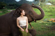 © CoreRock - Young woman in traditional clothing sits beside gentle Asian elephant in lush tropical garden, creating joyful cultural wildlife portrait with raised trunk and natural greenery